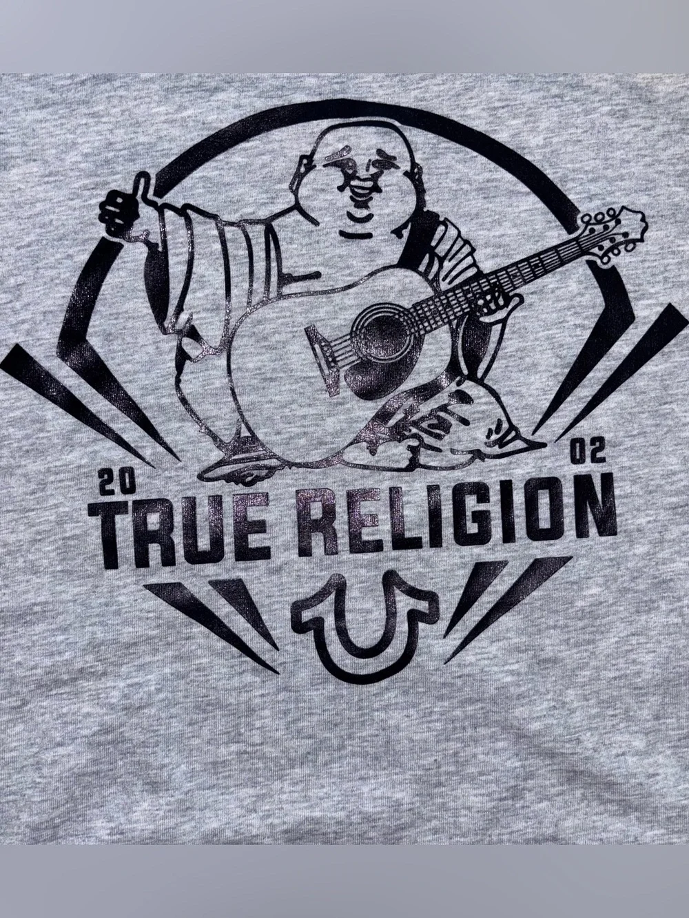 True Religion Heather Gray Tee with Black Graphic Buddha Men’s M